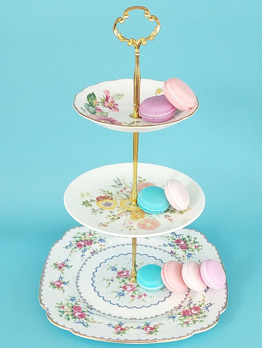 Mismatched Vintage English Bone China Three Tier High Tea Stand Pink Floral
